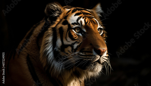 Endangered Bengal tiger staring with aggression in tropical rainforest portrait generated by AI