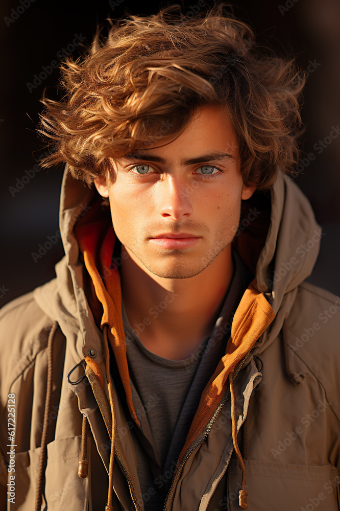 A young man wearing a jacket and looking at the camera. Generative AI. A young man wearing a jacket and looking at the camera. Generative AI.