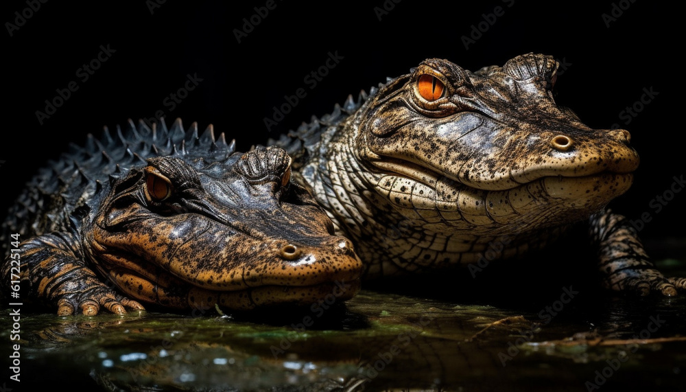 Fototapeta premium Endangered crocodile and alligator show aggression in African swamp generated by AI