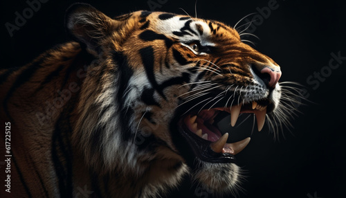 Close up portrait of majestic Bengal tiger staring with fury generated by AI © djvstock
