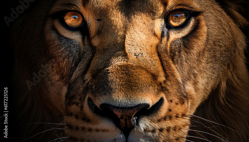 Majestic lion staring, close up portrait, danger in the wild generated by AI