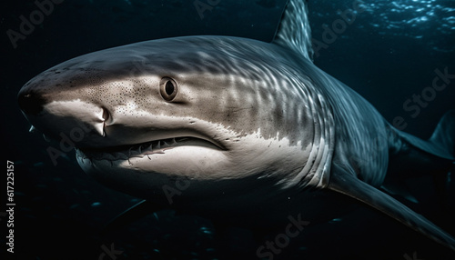 Majestic mammal smiling, close up portrait of dolphin teeth underwater generated by AI