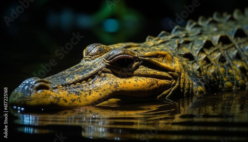 Endangered caiman rests in wetland, showcasing teeth and beauty generated by AI