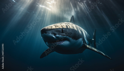 Majestic giant reptile swimming in deep saltwater reef  teeth exposed generated by AI