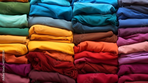Pile of colorful folded t-shirts