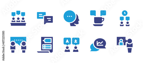 Conversation icon set. Duotone color. Vector illustration. Containing meeting, conversation, talk, coffee mug, time, dialogue, chat.