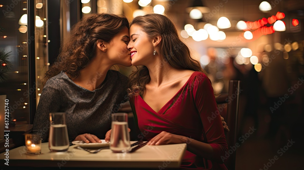 Young lesbian couple in their moment of intimacy having dinner at a restaurant Young lesbian couple in their moment of intimacy having dinner at a restaurant