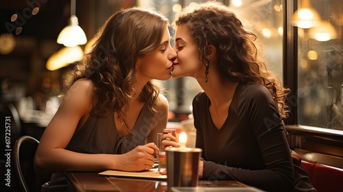 Young lesbian couple in their moment of intimacy having dinner at a restaurant 