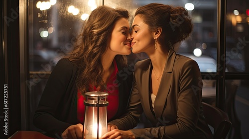 Young lesbian couple in their moment of intimacy having dinner at a restaurant 