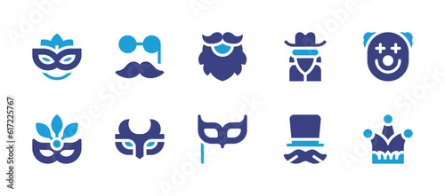 Costume party icon set. Duotone color. Vector illustration. Containing mask, costume, santa claus, gangster, clown, carnival mask, eye mask, birthday and party, joker hat.
