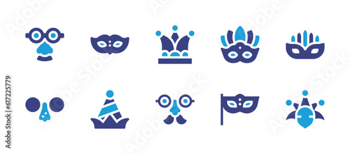 Costume party icon set. Duotone color. Vector illustration. Containing glasses, mask, minstrel, eye mask, party hat, party glasses, carnival.