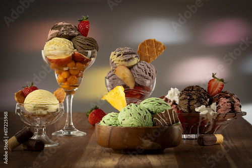 Obraz na plátně still life of ice cream with fruits and different flavors blur background