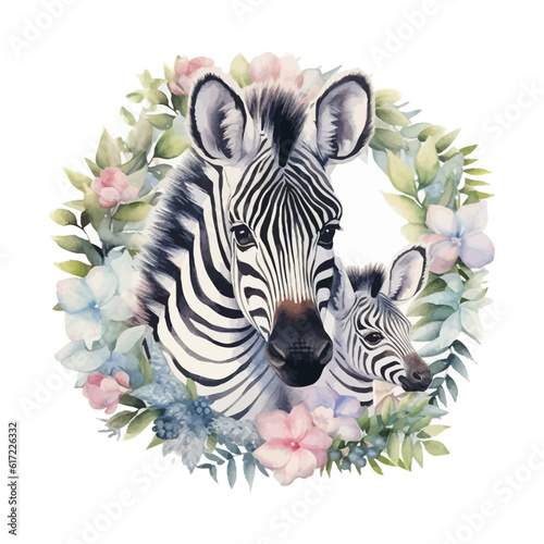Cute mother and baby zebra cartoon in watercolor painting style