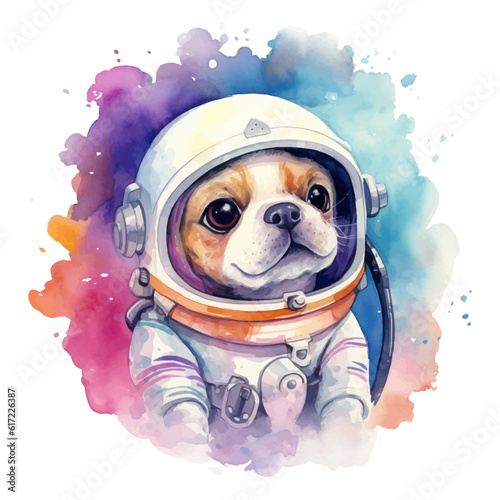Cute astronaut dog cartoon in watercolor painting style
