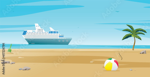 A cruise ship is passing by near the beach.