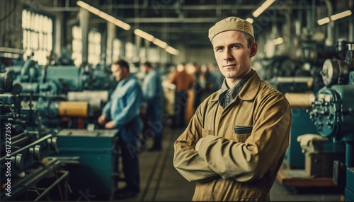 Confident young adult metal worker standing in workshop with machinery generated by AI © djvstock