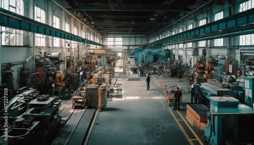 Metal workers in modern factory construct heavy machinery on production line generated by AI