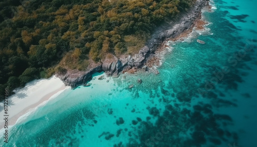 Turquoise waters and lush forests create an idyllic summer vacation generated by AI