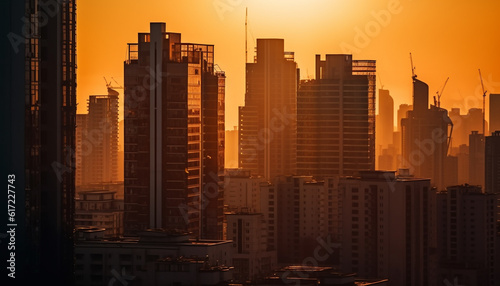 Silhouette of modern skyscraper in panoramic cityscape at dusk generated by AI