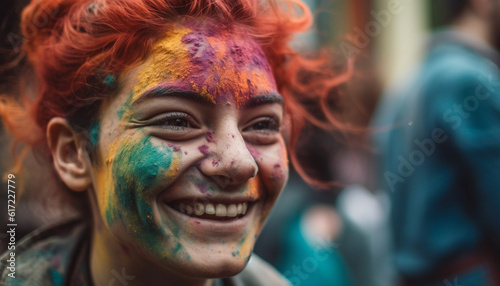 Colorful celebration of youth culture with smiling faces and paint generated by AI