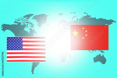 United States of America vs China. flags of America and China. International relations between America and China on map world background with copy space.