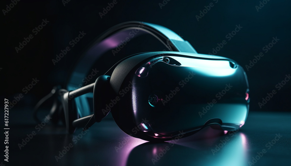 Futuristic eyeglasses enhance virtual reality experience in dark studio shot generated by AI Futuristic eyeglasses enhance virtual reality experience in dark studio shot generated by AI