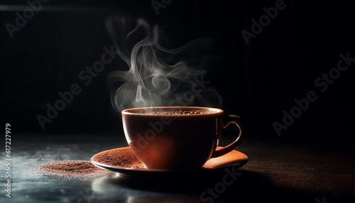 Hot steam rises from elegant black coffee on wooden saucer generated by AI