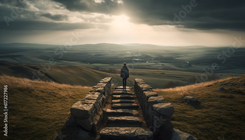 One person hiking mountain peak, achieving success in extreme sport generated by AI