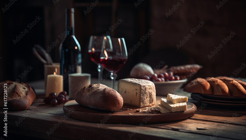 Rustic table with fresh organic meal, wine bottle, and cheese generated by AI Rustic table with fresh organic meal, wine bottle, and cheese generated by AI