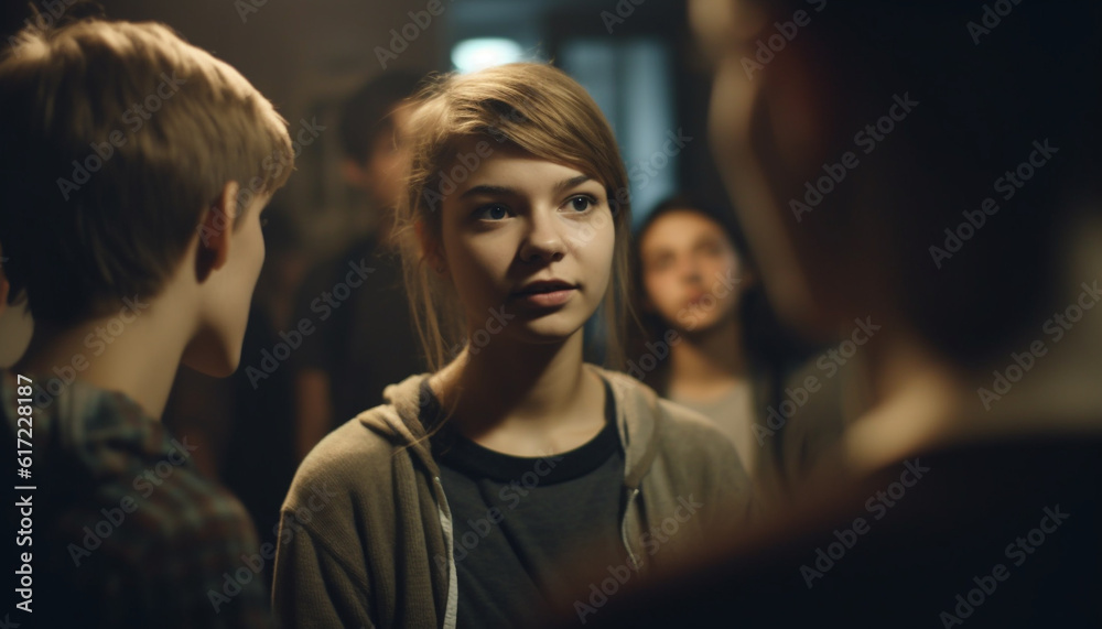 Young adults and adults, men and women, in casual clothing, smiling and talking indoors generated by AI Young adults and adults, men and women, in casual clothing, smiling and talking indoors generated by AI