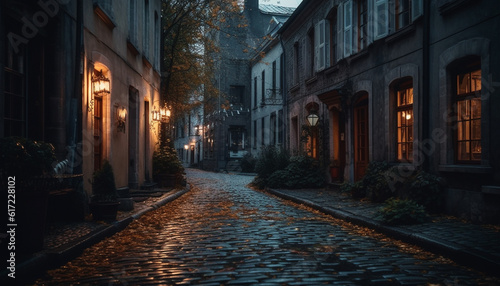 Ancient city street illuminated by electric lamps in gothic style generated by AI