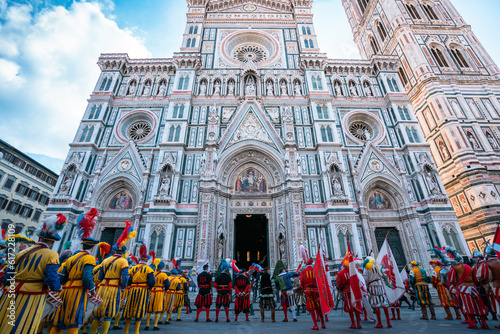 Drummers, Flag Throwers and Traditionally-Dressed People, Piazza Del Duomo, Florence Italy photo