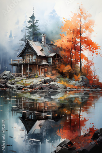 A painting of a cabin by a lake. Generative AI.