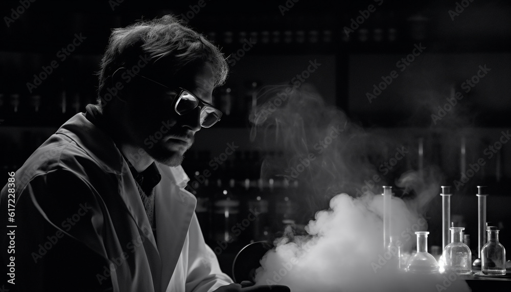 One young chemist, wearing protective eyewear, holding a smoking flask generated by AI