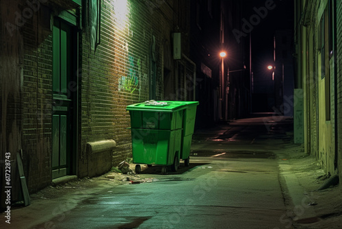 Enigmatic Nightscape green trash bin Urban Exploration in a Narrow Alleyway generative AI photo