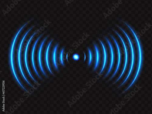 Wi-Fi light effect, Blue glowing signal sensor waves internet wireless connection. Wireless technology digital radar or sonar with glowing light effect. Vector