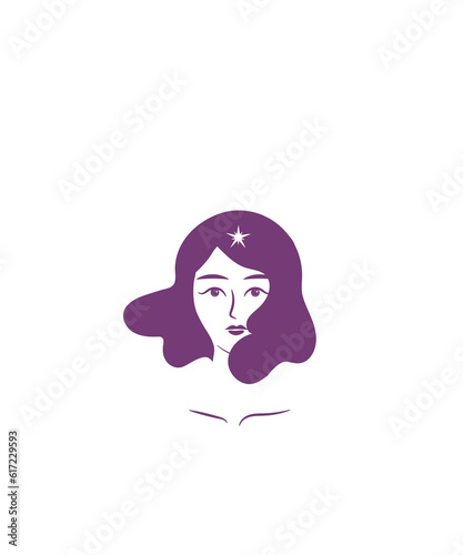 Illustration of a woman with purple hair and several stars around her