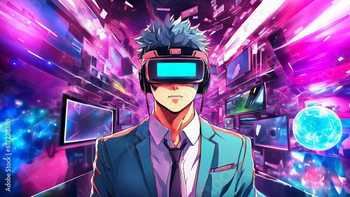 Businessman wearing VR visor in the metaverse anime style made with generative AI © Marco Modonesi