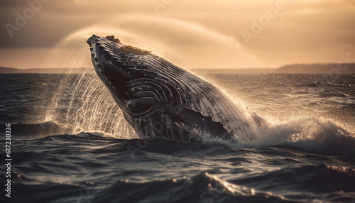 Majestic humpback whale breaches in idyllic tropical seascape at dusk generated by AI © djvstock