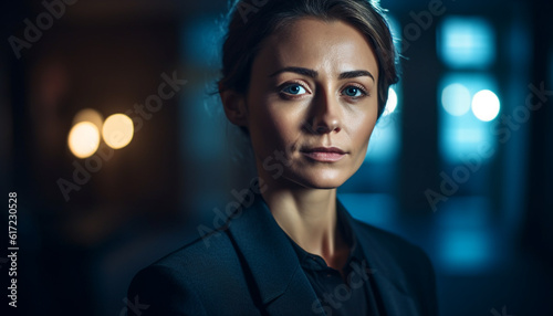 Confident young businesswoman standing in dark office, looking at camera generated by AI