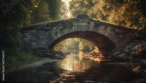 Ancient bridge arches over tranquil pond in green forest landscape generated by AI