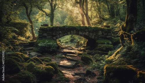 Tranquil forest footpath leads to ancient stone ruin in autumn generated by AI