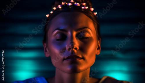 Beautiful young adult woman with closed eyes, illuminated in blue generated by AI