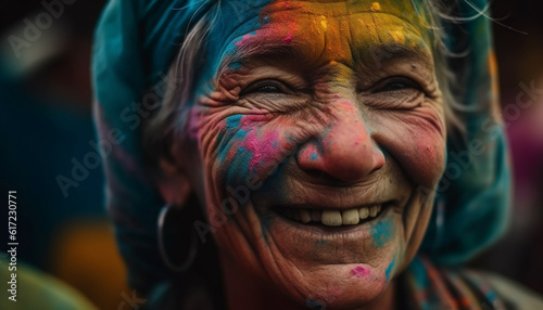 Senior woman enjoys traditional festival with colorful face paint outdoors generated by AI