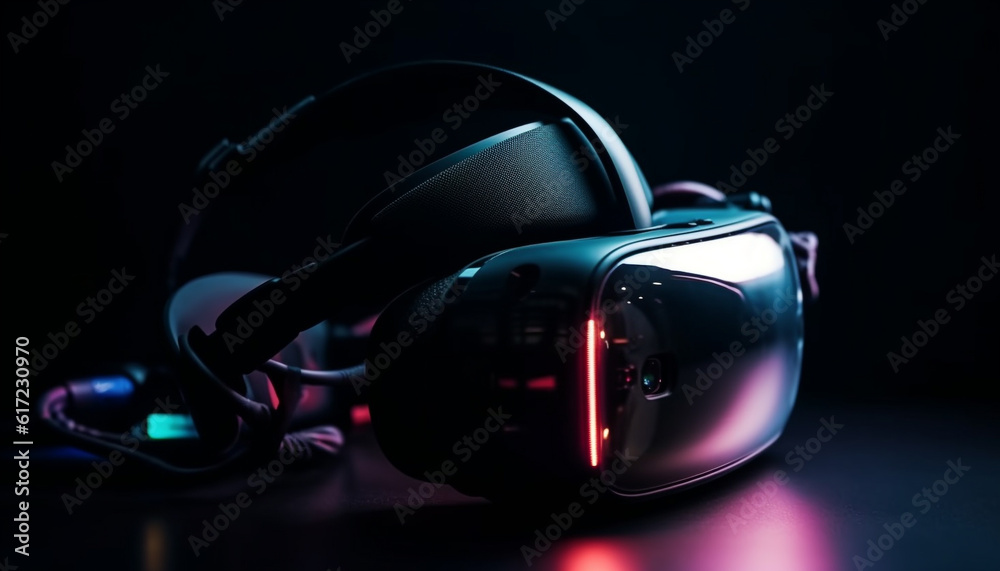 Futuristic headset for virtual reality simulator illuminates eyesight in dark generated by AI Futuristic headset for virtual reality simulator illuminates eyesight in dark generated by AI