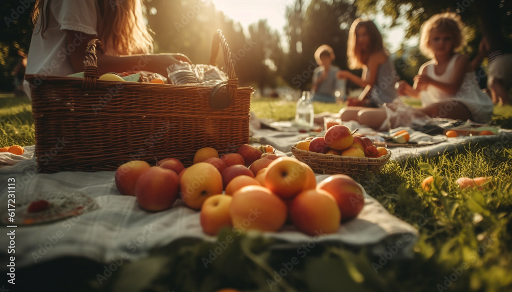 Fototapeta premium Family picnic in nature, enjoying fresh fruit and healthy eating generated by AI