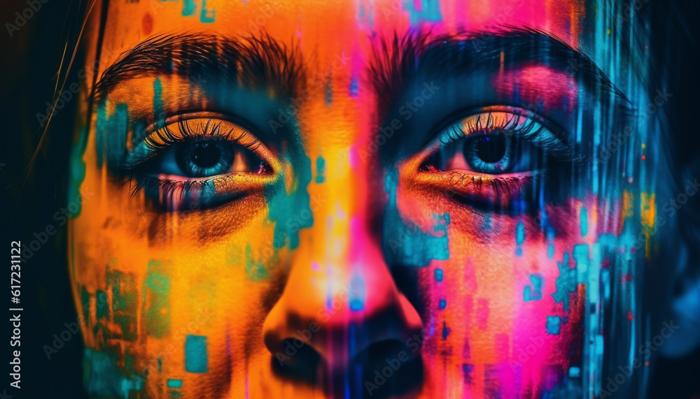 Abstract portrait of a futuristic young adult with glowing ultraviolet eyelashes generated by AI