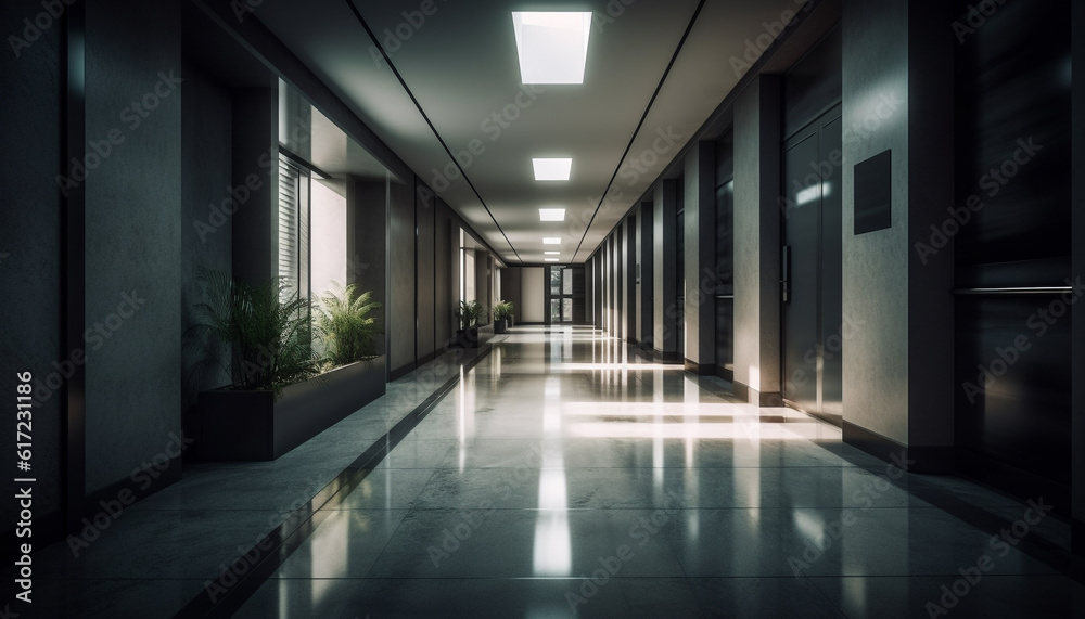 Futuristic architecture in empty corridor with vanishing point perspective generated by AI