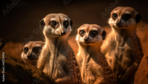Small group of cute meerkats looking alert in nature outdoors generated by AI