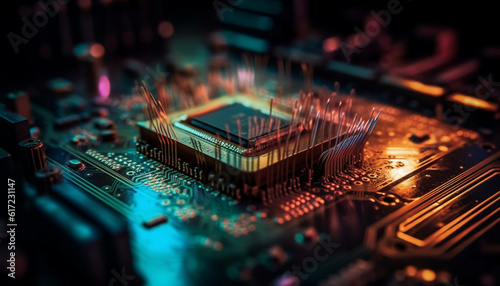 Complexity of computer parts circuit board, CPU, and capacitor generated by AI